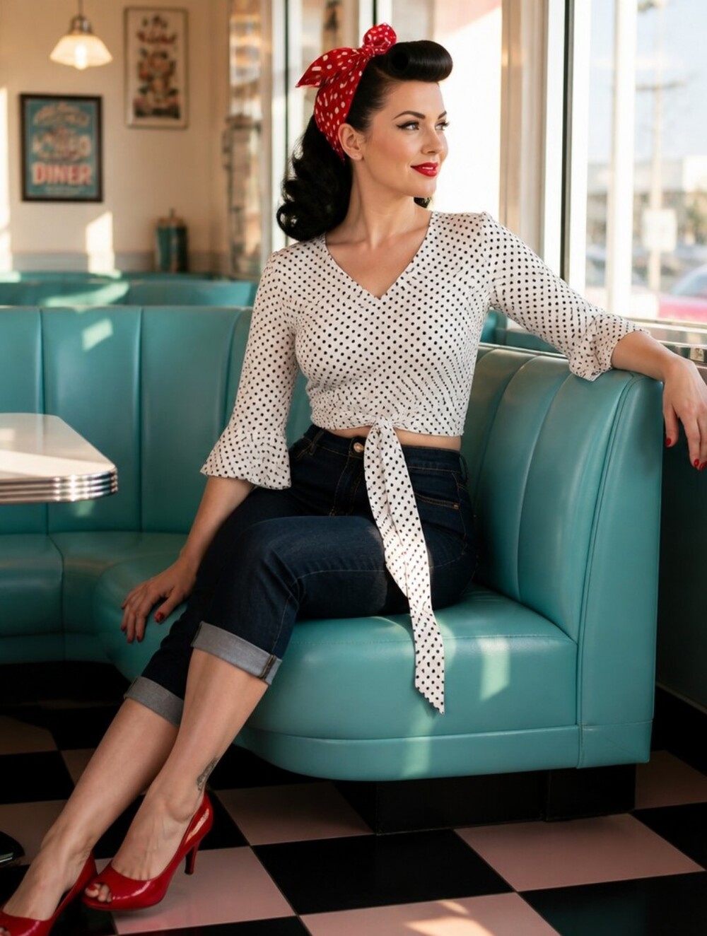 V-Neck Long-Sleeve Polka Dot Blouse - Cream/Black